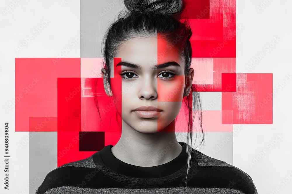 Poster abstract digital portrait of a young woman with red glitch effects symbolizing the impact of technol