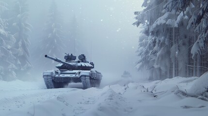 Winter military maneuvers, armored tank navigating a snow-covered forest trail, showcasing tactical operations in harsh conditions, emphasizing resilience and strategy.