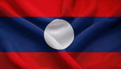 Close-up of a waving Laos flag with red, blue, and white colors. The national symbol of Laos.