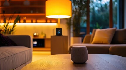 A stylish living room with smart light dimmers and voice-controlled lighting, creating a cozy ambiance for reading or relaxing, with a smart home control hub in the background