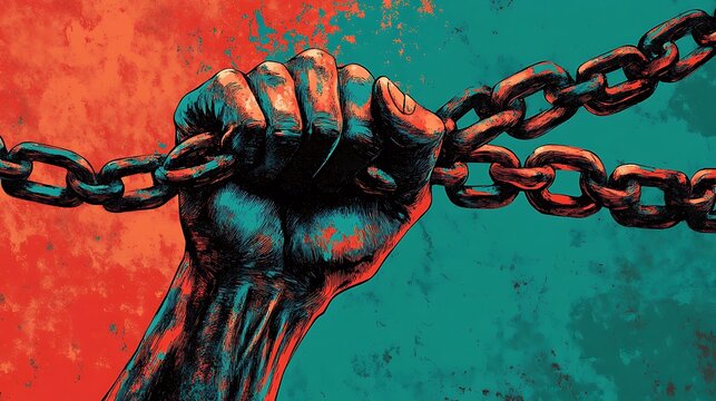 A clenched fist with a chain wrapped around it, symbolizing freedom and struggle.