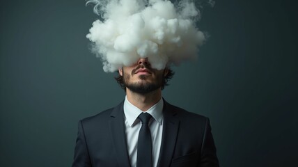 Male businessman in suit and tie with head full of smoke clouds made