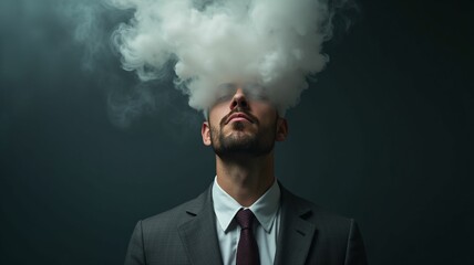 Male businessman in suit and tie with head full of smoke clouds made