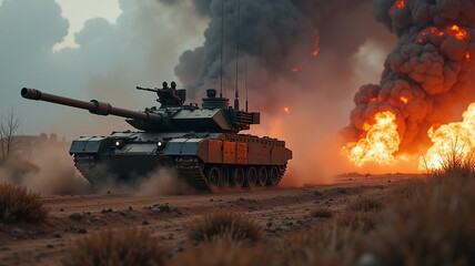 Tanks, military equipment drives through the destroyed in force, thunderstorms, lightning, mud. concept of war, horror, explosions