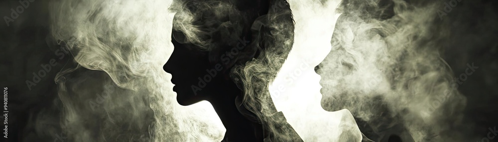 Poster silhouettes of two faces shrouded in swirling smoke, creating an ethereal and mysterious atmosphere 