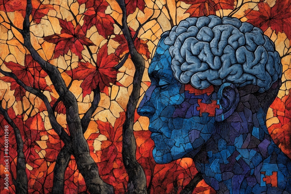 Poster Artistic depiction of a brain tree symbolizing the growth of knowledge the deep roots of thought and the interconnection between nature and the human mind in a colorful and abstract visual style