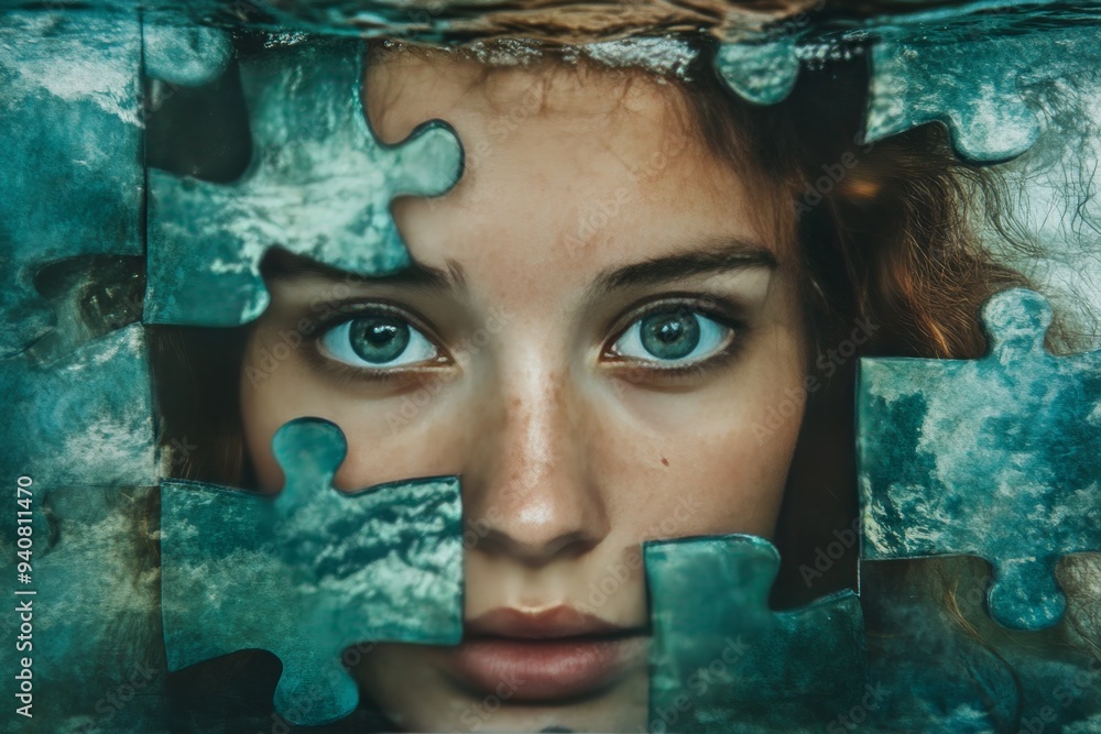 Poster surreal portrait of a woman with a fragmented face symbolizing identity challenges the complexity of