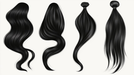 Shiny black hair strands, including straight and ponytail hairstyles. Vector design for hair care beauty, featuring realistic female hair samples with long curls. Ideal for color dye or shampoo packag