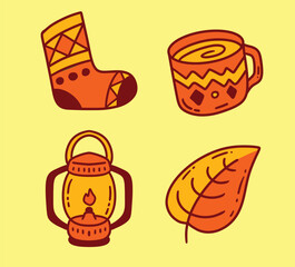 set of icon vector of autumn sock leaf tea cup and lamp orange yellow
