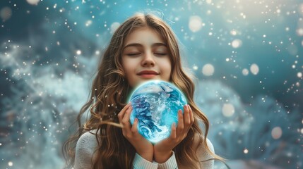 Naklejka premium A girl holds a glowing Earth, embodying hope and connection to the planet.