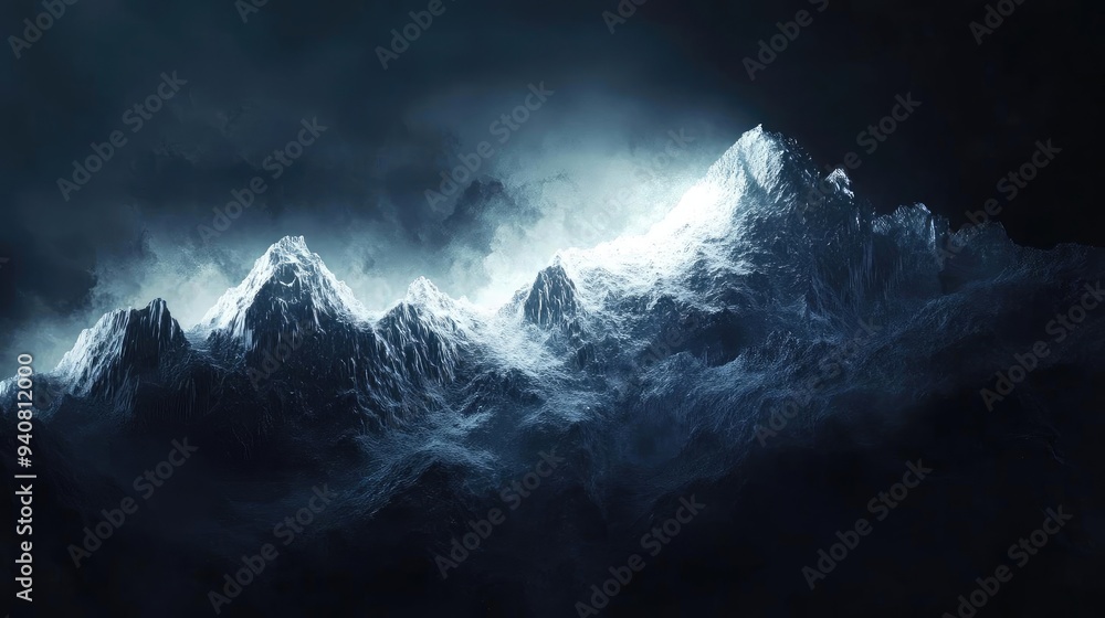 Poster a dramatic view of dark, snowy mountains under a moody sky, creating an atmosphere of mystery and ad