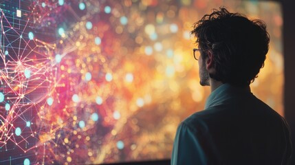 Naklejka premium A close-up of a data scientist visualizing complex neural network patterns on a large screen, surrounded by colorful graphs and intricate data points, the scene illuminated by soft ambient light