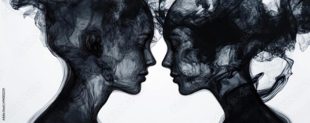 Poster Artistic silhouette of two faces merging with abstract smoke patterns, creating a visually striking and enigmatic composition.
