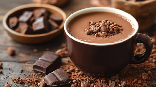 Cocoa drink with cocoa powder and beans isolated on vintage background.