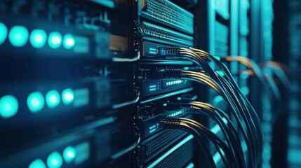 A close-up of a data center's server rack, where blinking LED lights indicate constant processing, the cables neatly organized, the sleek, metallic surfaces of the servers reflecting the soft blue