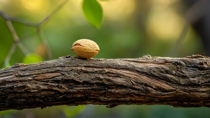  A tight shot of a nut atop a tree branch balanced on a piece of wood