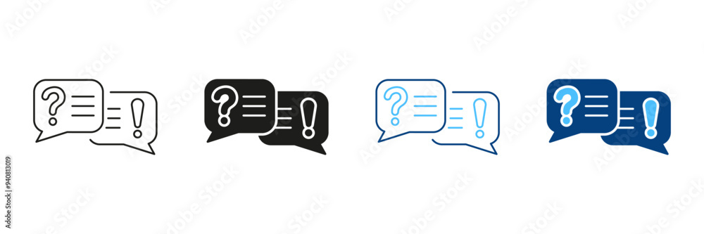 Poster speech bubble with question mark and exclamation mark line and silhouette icon set. customer support