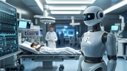 A modern hospital room equipped with AI-driven robotic assistants, doctors and nurses move efficiently, aided by technology, as medical monitors display real-time patient data, the scene is brightly