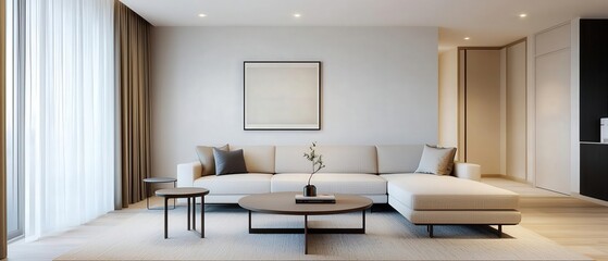 A high quality living space with modern furniture, soft textiles, and calming tones, where every detail is curated with care to foster a serene lifestyle