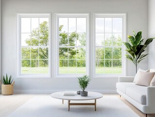 A stylish and high quality living room with large windows, natural textures, and care filled details, creating a bright and welcoming space
