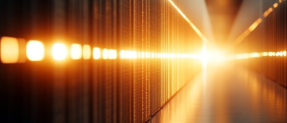 A warm golden glow illuminates a corridor, creating a visually striking perspective and inviting sense of depth and tranquility.