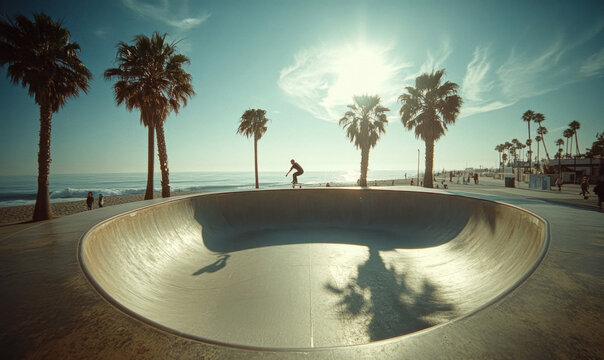Skateboarder performing tricks at a coastal skate park with palm trees