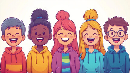 Naklejka premium A cheerful group of five animated friends with diverse hairstyles and colorful outfits, smiling together in a joyful moment.