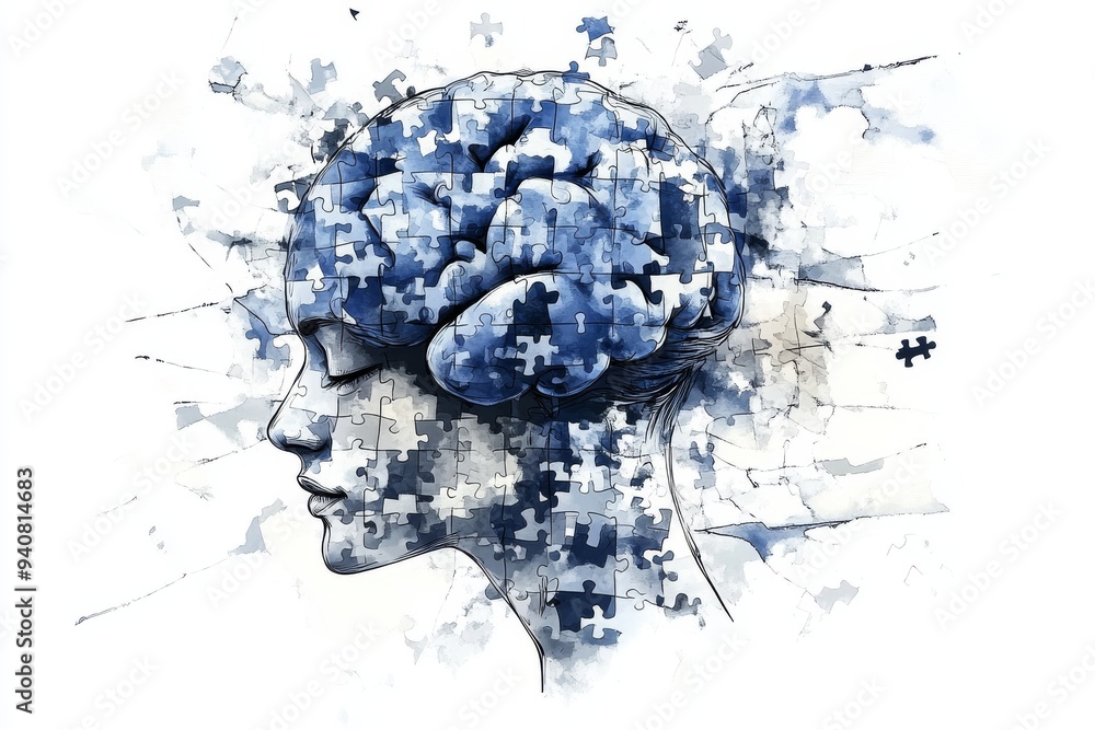 Poster abstract digital explosion of a brain with puzzle pieces symbolizing cognitive disintegration mental