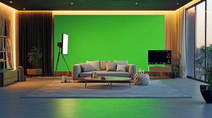 A modern interior design setup isolated over a green screen background, featuring smart home technology such as voice-activated assistants, climate control systems, and ambient lighting, ready for
