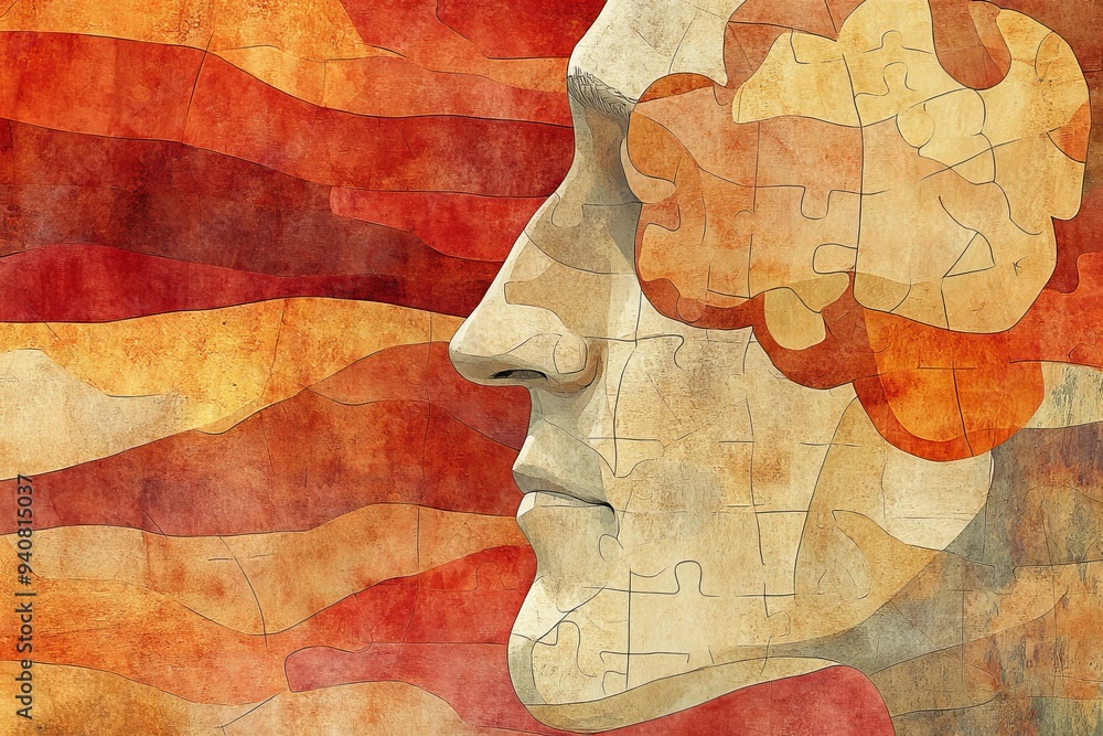 Poster vintage style illustration of a man’s profile with puzzle pieces symbolizing identity memory and the