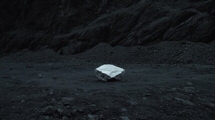 Obraz premium Solitary White Rock In Dark Desolate Rocky Landscape, Atmospheric Tones