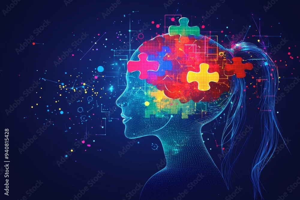 Poster dynamic and futuristic digital portrait of a woman with a glowing brain representing the intersectio