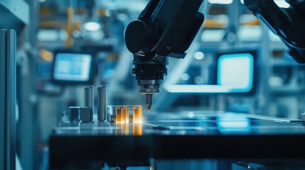 A robotic arm in a high-tech factory, performing precise tasks with speed and accuracy. The scene highlights the role of robotic automation in manufacturing, as robots become essential tools for