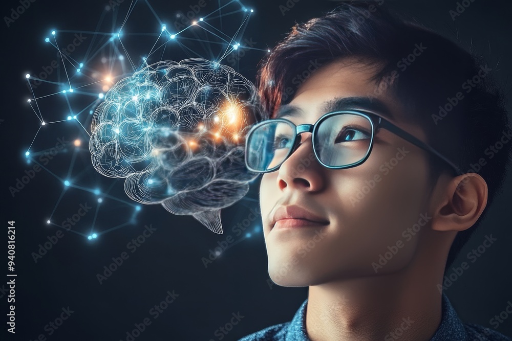 Poster portrait of a young man with glowing neural connections symbolizing the power of knowledge cognitive