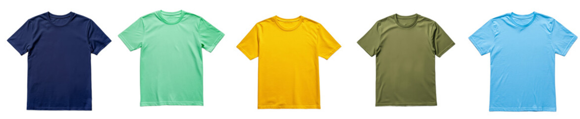 A collection of colorful blank t-shirts blue, mint, yellow, olive, sky blue isolated on a transparent background, ideal for casual summer wear or promotional events
