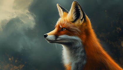 Obraz premium A detailed portrait of a fox with striking orange fur against a moody background.