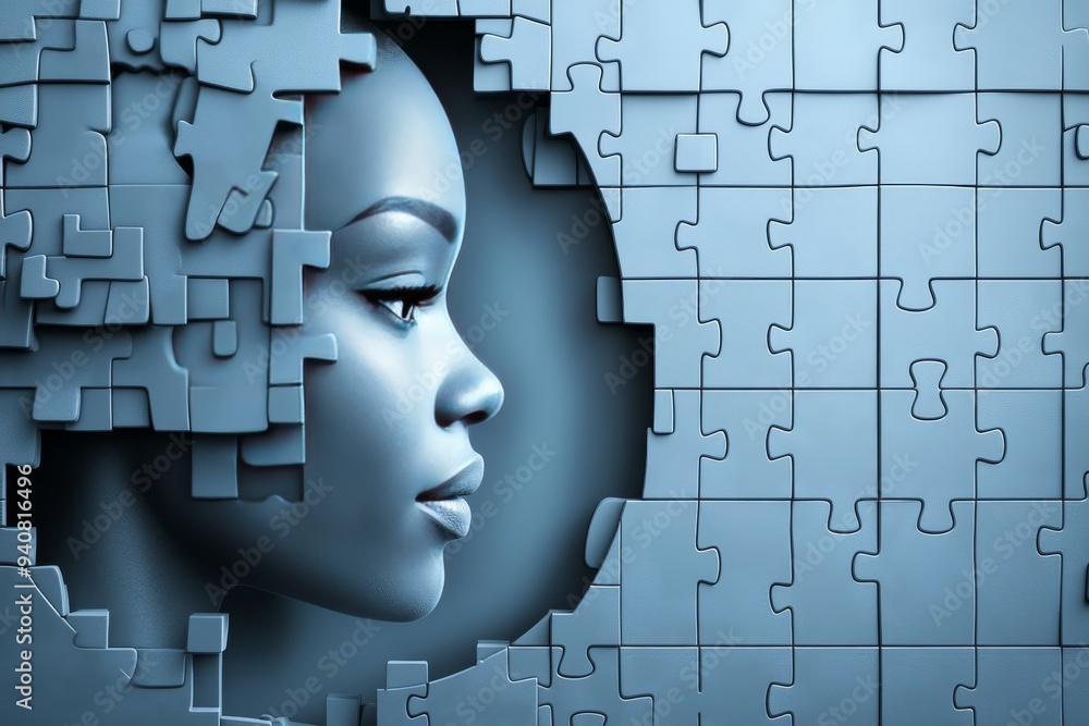 Poster futuristic digital portrait of a woman emerging from puzzle pieces symbolizing the complexity of ide