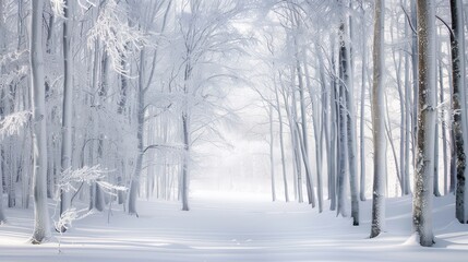 Fototapeta premium Snow-Covered Forest Serenity, expansive vista of a frosty woodland, bare trees adorned with icy crystals, soft white snow blankets the ground, tranquil winter landscape.