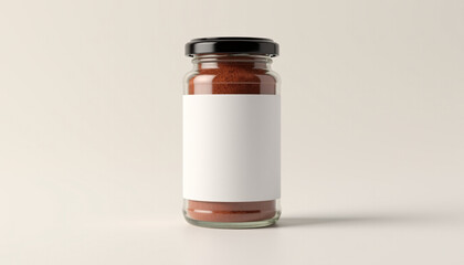 Mock up blank product label on a cylindrical glass spice jar, isolated on a light background