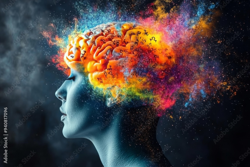 Poster vibrant and surreal portrait of a woman with a brain exploding into colorful particles symbolizing c
