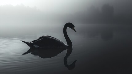 black swan swimming in a foggy lake