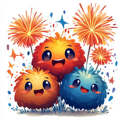 Obraz premium Cheerful furry characters celebrate with colorful fireworks, embodying joy and festivity in a whimsical, vibrant illustration.