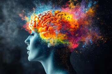 Vibrant and surreal portrait of a woman with a brain exploding into colorful particles symbolizing creativity mental expansion and the release of ideas in a dynamic and energetic visual style