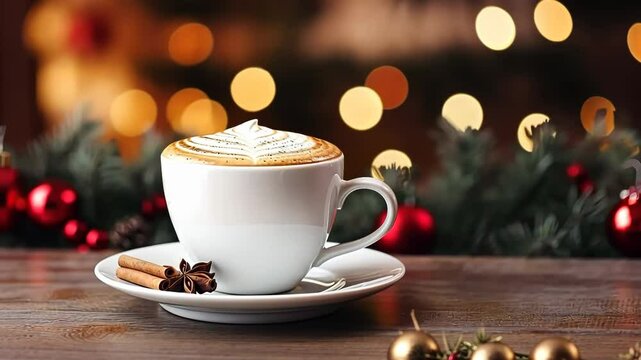 Coffee cup with Christmas festive background, holidays food art for Merry Christmas and Happy New Year.