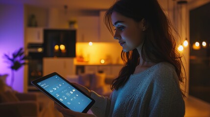 A smart home setup where a young couple controls their home environment using a tablet. The interface on the tablet displays options for lighting, temperature, and security, demonstrating the ease of