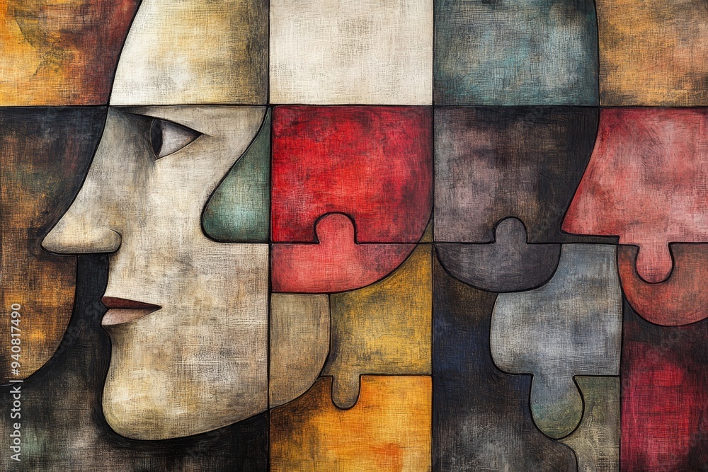 Poster abstract geometric composition of human profiles with puzzle pieces symbolizing identity mental comp