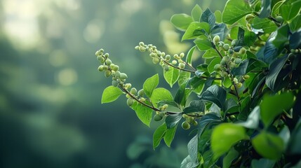  A tree branch with green leaves and buds, closely framed, against a softly blurred backdrop of trees