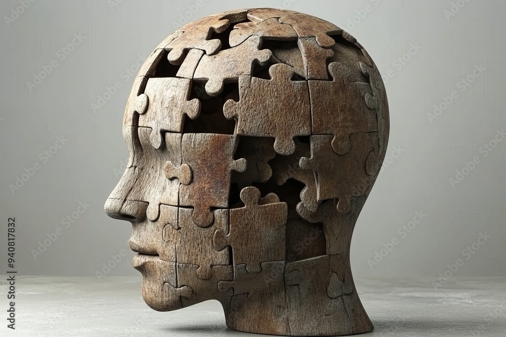 Poster detailed sculpture of a human head with puzzle pieces symbolizing the enduring strength of thought i