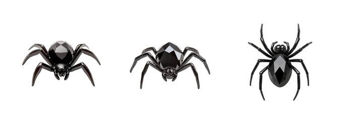 A collection of black polygonal spider illustrations isolated on a transparent background, perfect for Halloween and spooky themes