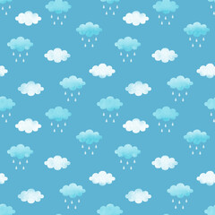 Watercolor cloud and rain on blue sky. Cute raining clouds seamless pattern vector. Simple design for fabric, textile, kid cloth, shirt, baby dress, bedsheet, pajama, clothing, sticker, paper, card.